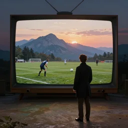 romantic painting, wide shot of a lone gentleman in 1 9 th century clothing ( watching an enormous television screen playing a football game )!!!!!! in front of a mountain scene at sunrise, highly detailed, sublime, hyperrealistic, painted by caspar david friedrich and albert bierstadt, trending on artstation 8 k