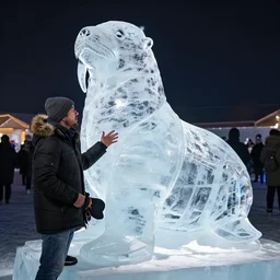 drunk man talking to an ice sculpture of a walrus