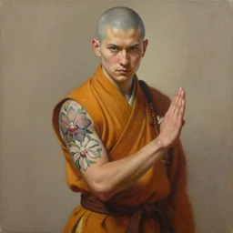 A detailed matte oil on canvas painting of a young white male martial artist monk, orchid arm tattoos  by greg rutkowski and artgerm, trending on artstationhd,  dungeons and dragons art
