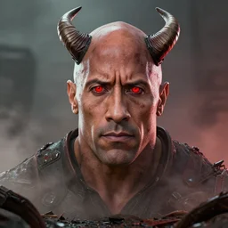 Dwayne the Rock Johnson as the devil, horns and red eyes, post apocalyptic, high res render, octane cgsociety, full body shot, visible face and eyes