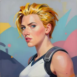 greg manchess portrait painting of partially scarlett johansson as overwatch character, medium shot, asymmetrical, profile picture, organic painting, sunny day, matte painting, bold shapes, hard edges, street art, trending on artstation, by huang guangjian and gil elvgren and sachin teng