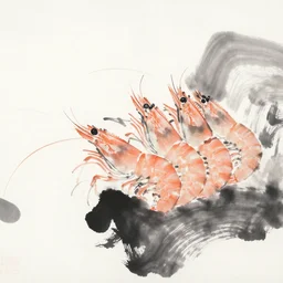 zen shrimps, qi baishi, ink