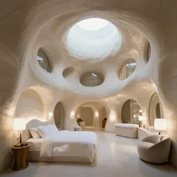 fibrous generative architecture baroque swirling, shiplapped, liminal hotel room, strong lights