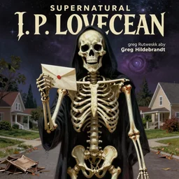 supernatural horror skeleton posting a letter, ruined suburban street, pulp cosmic horror book cover character art. h. p. lovecraft, artwork by greg hildebrandt, greg rutkowski