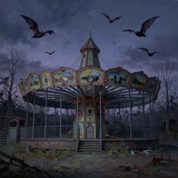 an abandoned amusement park which is haunted, painting by mark ryden, twilight, bats are beginning to take flight, very high detail,