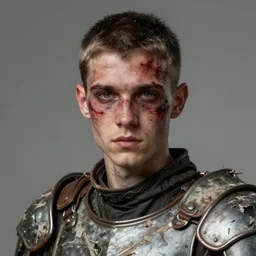 portrait painting of young man with severe burn scars on his face and poorly cut short hair with a severe expression wearing tattered light armor, ultra realistic, concept art, intricate details, eerie, highly detailed, photorealistic, octane render, 8 k, unreal engine. art by artgerm and greg rutkowski and charlie bowater and magali villeneuve and alphonse mucha