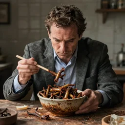 “ a stern businessman eating a bowl of rusty nails. ”
