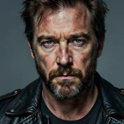 hugh laurie, gritty, dark, beard, wearing a leather jacket, very detailed eyes, hyperrealistic, very detailed painting by Glenn Fabry, by Joao Ruas, by Artgerm