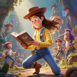highly detailed portrait of beautiful girl reading a book in toy story, dynamic pose, stephen bliss, unreal engine, fantasy art by greg rutkowski, loish, rhads, ferdinand knab, makoto shinkai and lois van baarle, ilya kuvshinov, rossdraws, tom bagshaw, global illumination, radiant light, detailed and intricate environment
