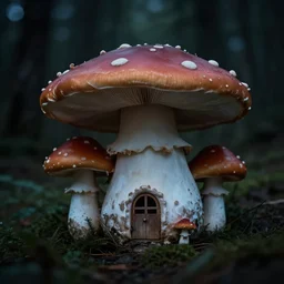 A mushroom house!!!!, in a dark forest, small windows !!, macro, cool tones, underexposed, overecast, mysterious matte painting by greg rutkowski and marc simonetti and Ivan Shishkin, 4k