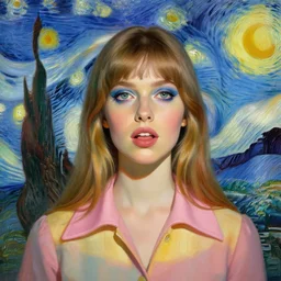 portrait of a beautiful girl, expressive make up, intense psychedelic trip, sixties clothes, pastel colors, beautiful face, rule of thirds, spotlight, expressive, passionate, by mandy jurgens, by vincent van gogh, digital painting