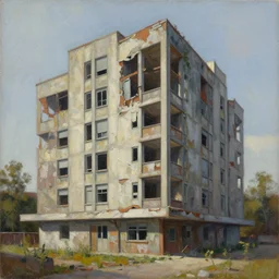 A beautiful painting of a dilapidated post-modern building in the wood, by Coby Whitmore, Trending on artstation, very detailed