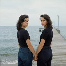 two women!!! holding hands! on a pier! next to the ocean!! looking at the camera! by grant wood!-H 768