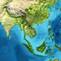 isometric view of mainland southeast asia, high - detail, high accuracy, dungeon map, fantasy,