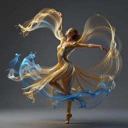 a dancing woman has a body made of millions of thin ribbons and threads of translucent gold and blue fabric that are twisting, swirling, unraveling, and pulling apart in the wind, highly detailed, fantasy character, octane render
