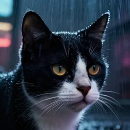 closeup headshot of a black cat with white face except for the chin in the rain, bladerunner, backlit, night club, futurepunk, gta v, pinup, nagel, arney freytag, dark moody, cinematic, greg rutkowski, octane!