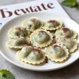 photo of mint chocolate chip ravioli on a food magazine