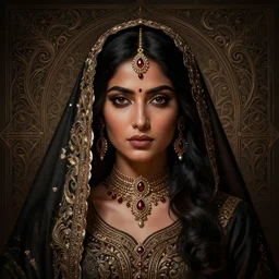 head-on centered symmetrical painted portrait, Pakistani woman D&D Mage, black hair, light brown skin, intricate fantasy robes, dramatic lighting, intricate, fantasy, intricate, elegant, highly detailed, digital painting, smooth, sharp focus, illustration, dramatic lighting, artstation, in the style of Artgerm and Anna Podedworna