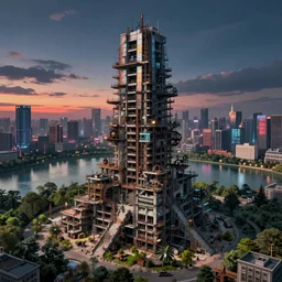 a beautiful hyperdetailed render of city unfinished building stronghold nature urbex by banksy, magic realism steampunk tokyo cyberpunk at night at dusk at dawn lake nature landscape, archdaily, wallpaper, highly detailed, trending on artstation.