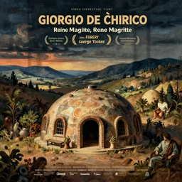 [Poster of a bunker in a stunning landscape by Giorgio de Chirico, Rene Magritte, George Tooker, Titian]