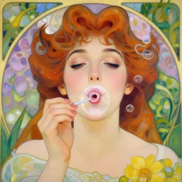 a beautiful woman in a beautiful garden blowing bubbles. beautiful painting with high quality detailed face by disney and alphonse mucha