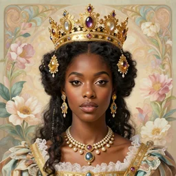 highly detailed venetian rococo portrait of a black princess wearing a crown, golden jewels, pastel flowery background, 8 k, realism, volumetric lighting, flowers, fantasy, realistic, symmetrical face, digital illustration, art by krenz cushart, alphonse mucha, kehinde wiley, artem demura
