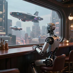 lonely barmen human - like robot sitting in the futuristic bar and looking in the huge window where he see enoughromous city on the spaceship and flying cars, 8 k, hyperrealistic, unreal engine, cyberpank