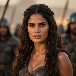 epic photo of salma hayek as beautiful barbarian warrior princess in a battle scene, detailed eyes, neutral expression, depth of field, photorealistic, cinematic lighting, lovely bokeh, warm colours, dusk, conan 1 9 8 5