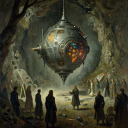 teleportation machine in a dystopian world, with citizens using it to escape the oppressive government by edouard manet and simon stalenhag, style of lord of the rings