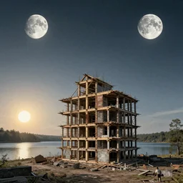 unfinished building by albrecht durer, tron moon nightvision nightsky lake at night morning sun, archdaily, wallpaper, highly detailed, trending on artstation.