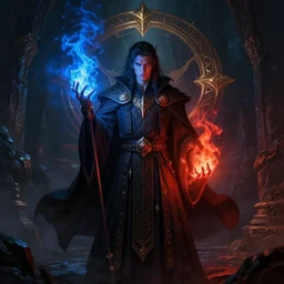 Front portrait of mage hold a blue fire on right hand and red fire on the left hand, full body, fine art, awesome fantasy book cover on Pinterest, award winning, dark fantasy landscape, fantasy magic, intricate, elegant, sharp focus, cinematic lighting, highly detailed, digital painting, concept art, art by WLOP and Artgerm and Greg Rutkowski, masterpiece, trending on artstation, 8K