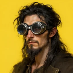 an inventor, goggles, thin beard, messy black hair, d & d, solid yellow background, fantasy, intricate, cinematic lighting, highly detailed, digital painting, artstation, concept art, smooth, sharp focus, illustration, art by artgerm and greg rutkowski and alphonse mucha