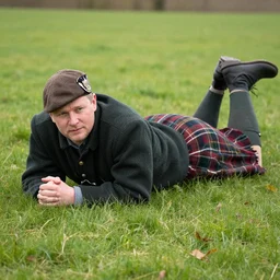 a man in a ghillie suit laying prone in a field