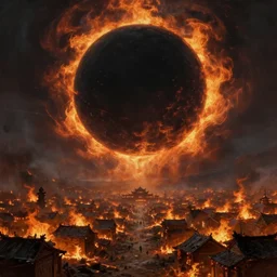 an ancient city on fire, a massive black sphere void in the center of the sky surrounded by swirling firestorm clouds, wide perspective, low perspective, burning village, highly detailed digital art, cinematic, dark moody colors, hyper realism, oil on canvas, trending on Artstation, octane render