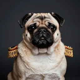 portrait of a pug as a napoleonic military man, dark background, studio light, hdr, nikon 2 4 mm f / 1. 8 g, by sebastiao salgado