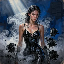 3 d, swirling white and black smoke, mist, sun rays, fierce wet fashion model, sweat skin, liquid black metal, black roses, poster art, high detail, intricate oil painting, deep blue mood, hyperrealism, 3 d, by tooth wu and wlop and beeple and greg rutkowski