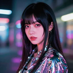 hajime sorayama inspired portrait of a woman, bokeh, slow flash sync, dramatic lighting, neon colors, chrome, metal, shiny chrome