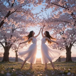 masterpiece ephemeral elven girls dancing in a field of cherry blossom trees, heavenly glow, soft focus, surreal photography, sunset, blue sky, dramatic light, photo manipulation, hdr, digital painting, artstation, sean yoro