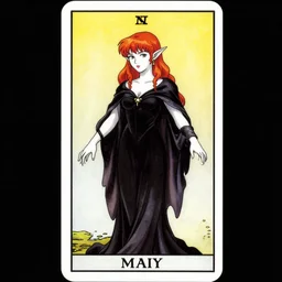 a tarot card with an elf in a black nightgown, white skin, red hair, alluring, a character portrait by naoko takeuchi, deviantart, art nouveau, tarot card, sharp focus, smooth, crisp lines, detailed, elegant, simple colors, official art