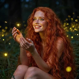 infp young woman, smiling, amazed by golden fireflies lights, sitting in the midst of nature fully covered, long loose red hair, intricate linework, green eyes, small nose with freckles, oval shape face, realistic, expressive emotions, dramatic lights mystical scene, hyper realistic ultrafine art by michael cheval, jessica rossier, boris vallejo