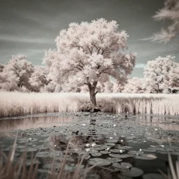 beautiful infrared landscape photography, lone tree and lily pond by david keochkerian and mike irwin, ir filter, tilt - shift photography