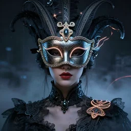 centered portrait of a beautiful woman wearing a venetian mask, intricate concept art, ethereal, highly detailed, artstation, smooth, darksynth, cinematic, mist, dramatic neon lighting, illuminated glowing lines, outrun, vaporware, by ruan jia and ilya kuvshinov and liam wong and alphonse mucha