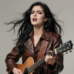 portrait of a long black haired woman angrily singing, eyes open, music performance, guitar, hair blowing in wind, leather trench coat, intricate, elegant, highly detailed, digital painting, artstation, concept art, smooth, sharp focus, illustration, art by artgerm and greg rutkowski and alphonse mucha, 8 k