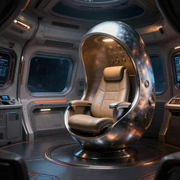 industrial color scheme and lighting. small intimate space - ship interior living quarters design shot. futuristic sci - fi professional lighting. masterpiece. digital artstation render of a slick futuristic cosmic environment by john harris. tensegrity captain's chair integrated into a giant button laden cylindrical station inspired by the shape of a hooded chrome egg avocado bean armature.