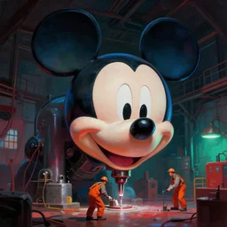 a enormous giant mickey mouse head being drilled like a mechanical machine by small workers wearing orange coveralls inside of a dark old warehouse, red and blue - green lighting, cinematic, art by beeple and wlop, digital art, thick painting strokes, trending on artstation, award winning