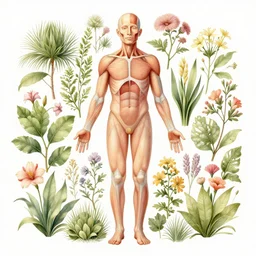 highly detailed illustration of a single human anatomy body surrounded by all the known species of plants and flowers by juan gatti, by moebius!, by oliver vernon, by joseph moncada, by damon soule, by manabu ikeda, by kyle hotz, by dan mumford, by kilian eng