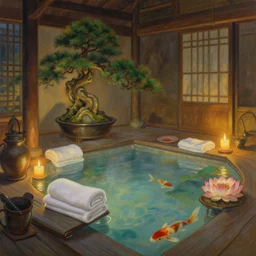 painting of interior of mythical fantasy onsen teahouse by greg rutkowski craig mullins mucha ross tran towels cozy candles levitating bonsai floating lanterns lotus koi clear focus fantasy atmospheric cinematic lighting, trending on artstation