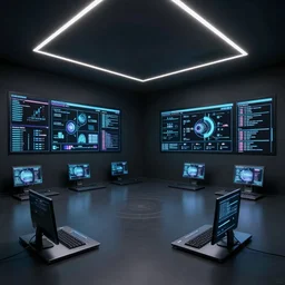 room with computer interfaces on the floor, ceiling and walls, dimly illuminated by led lights, octane render, ray - tracing, 4 k, 3 3 mm