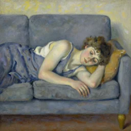 a woman resting on a sofa. impressionism.