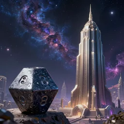 ten - sided die on the left and majestic tower on the right, highly detailed cosmic background, trending on artstation, by david normal